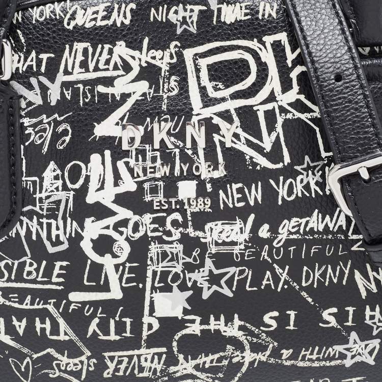 Pre Owned DKNY Black/White Graffiti Leather Erin Dome Satchel
