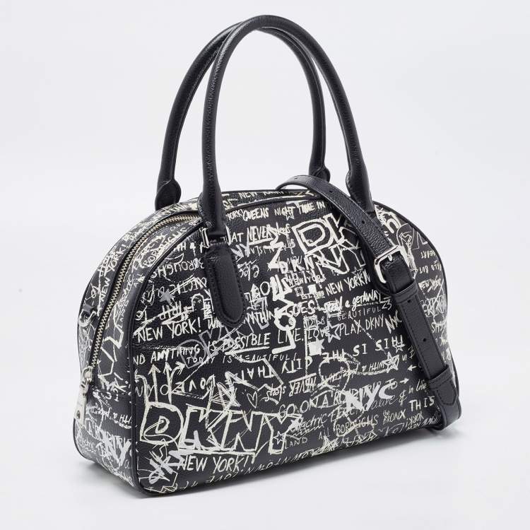 Pre Owned DKNY Black/White Graffiti Leather Erin Dome Satchel