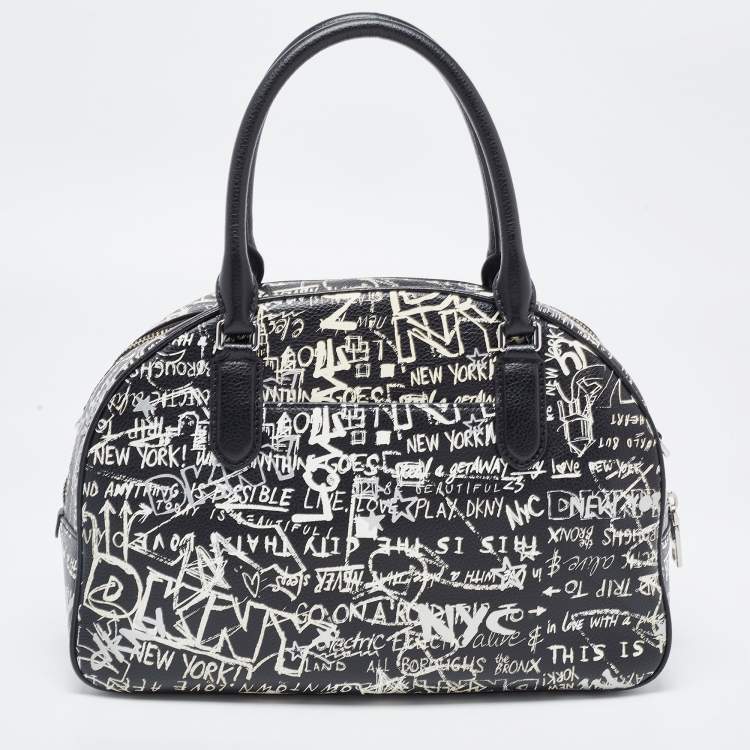 Pre Owned DKNY Black/White Graffiti Leather Erin Dome Satchel