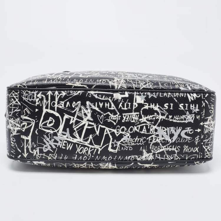 Pre Owned DKNY Black/White Graffiti Leather Erin Dome Satchel