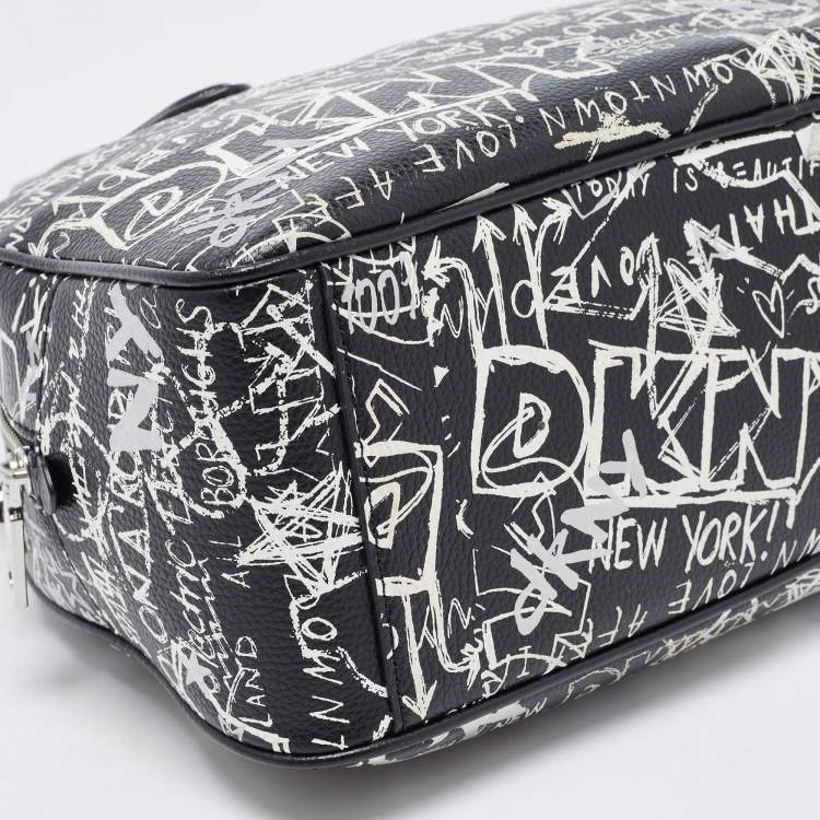 Pre Owned DKNY Black/White Graffiti Leather Erin Dome Satchel