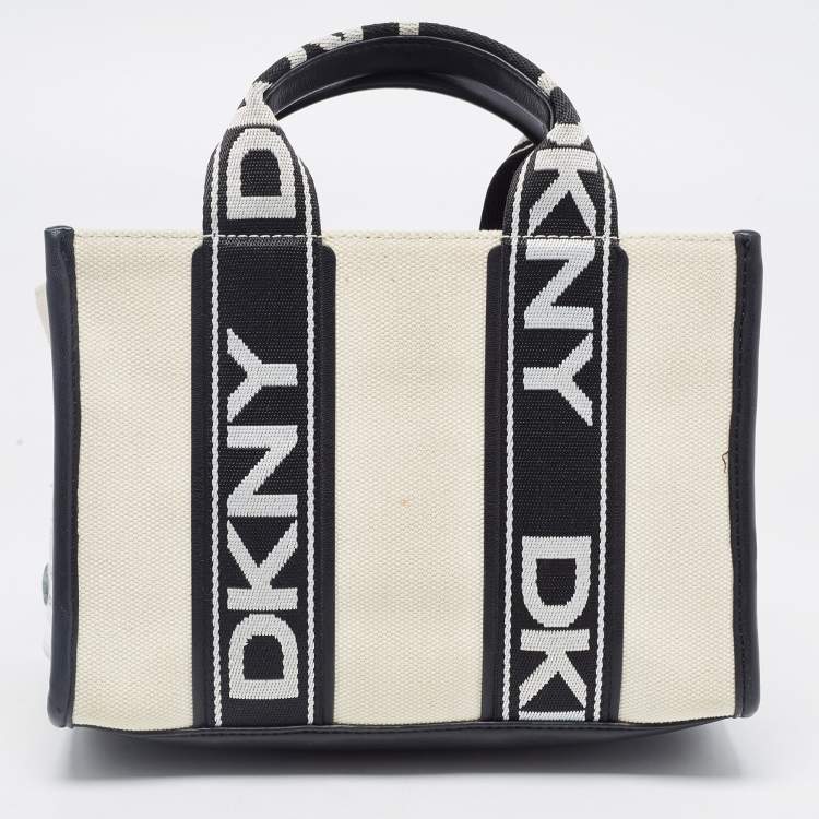 Pre Owned DKNY Black/Beige Canvas and Leather Small Cassie Tote