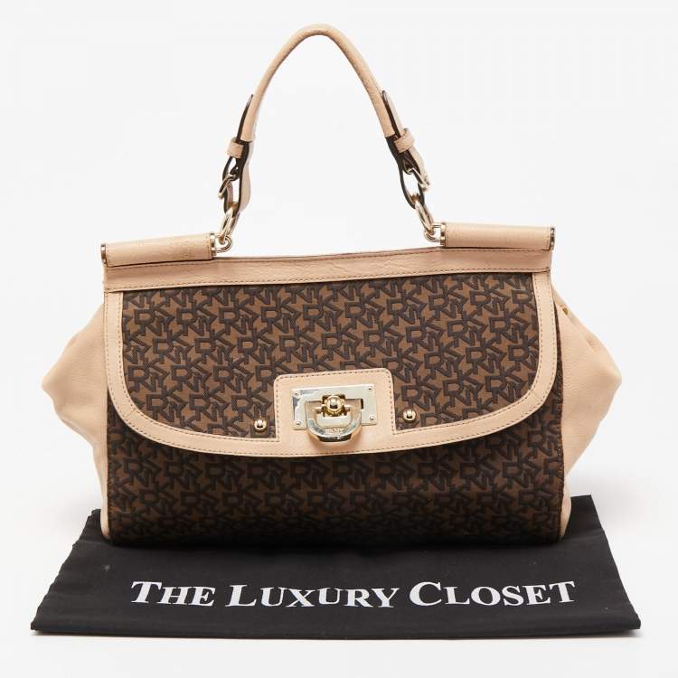 Pre Owned Dkny Brown/Beige Signature Coated Canvas And Leather Satchel 