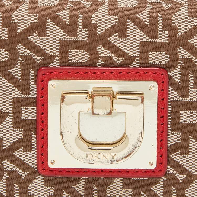 Pre Owned DKNY Beige/Red Signature Canvas and Leather French Wallet