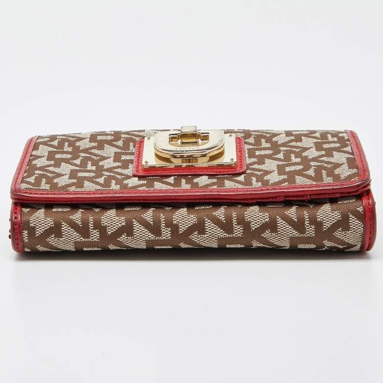 Pre Owned DKNY Beige/Red Signature Canvas and Leather French Wallet