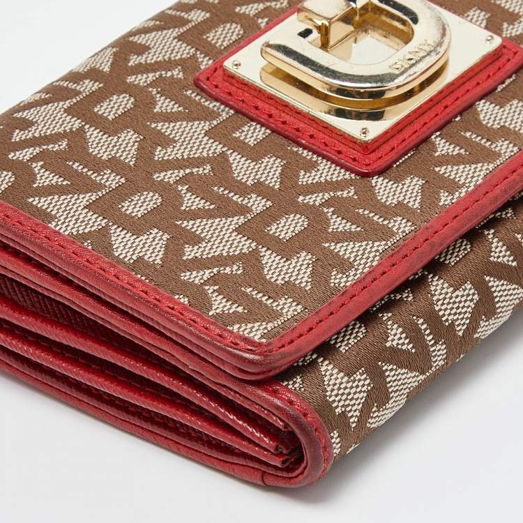 Pre Owned DKNY Beige/Red Signature Canvas and Leather French Wallet