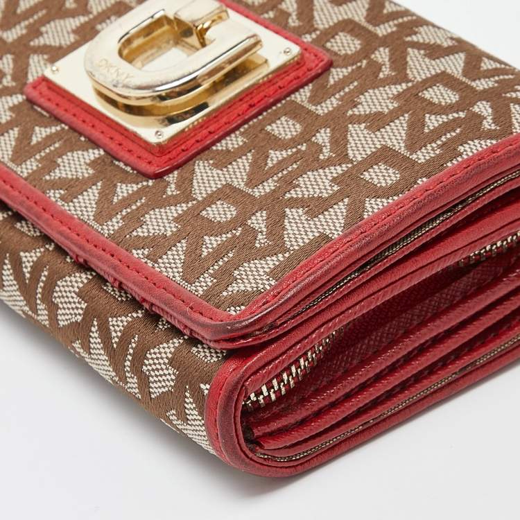 Pre Owned DKNY Beige/Red Signature Canvas and Leather French Wallet