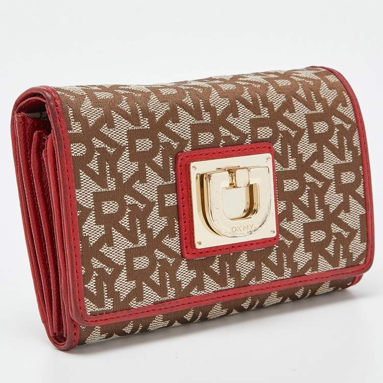 Pre Owned DKNY Beige/Red Signature Canvas and Leather French Wallet