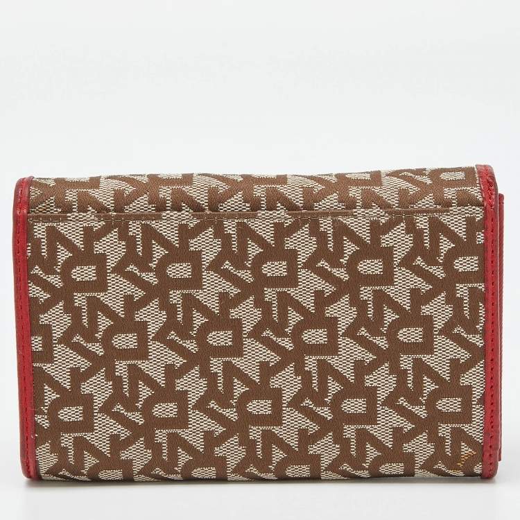 Pre Owned DKNY Beige/Red Signature Canvas and Leather French Wallet