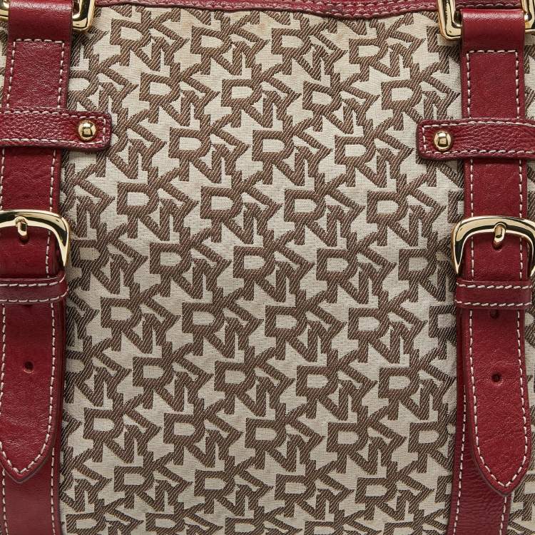 Pre Owned DKNY Beige/Red Signature Canvas and Leather Zip Tote