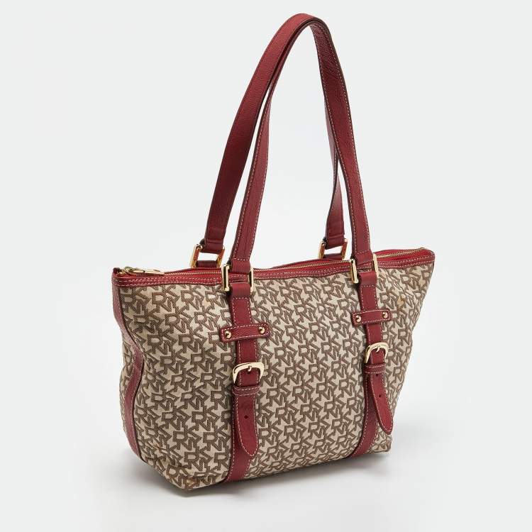 Pre Owned DKNY Beige/Red Signature Canvas and Leather Zip Tote