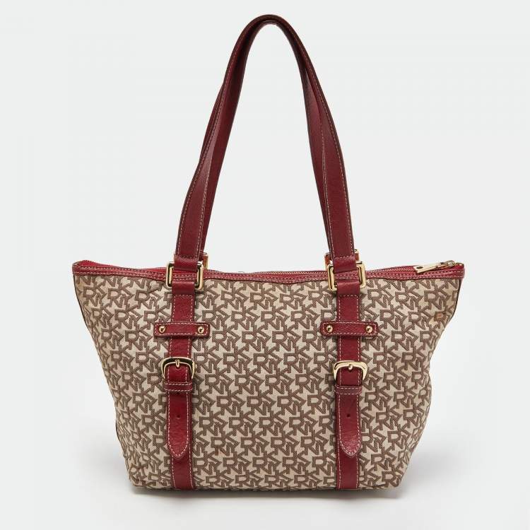 Pre Owned DKNY Beige/Red Signature Canvas and Leather Zip Tote