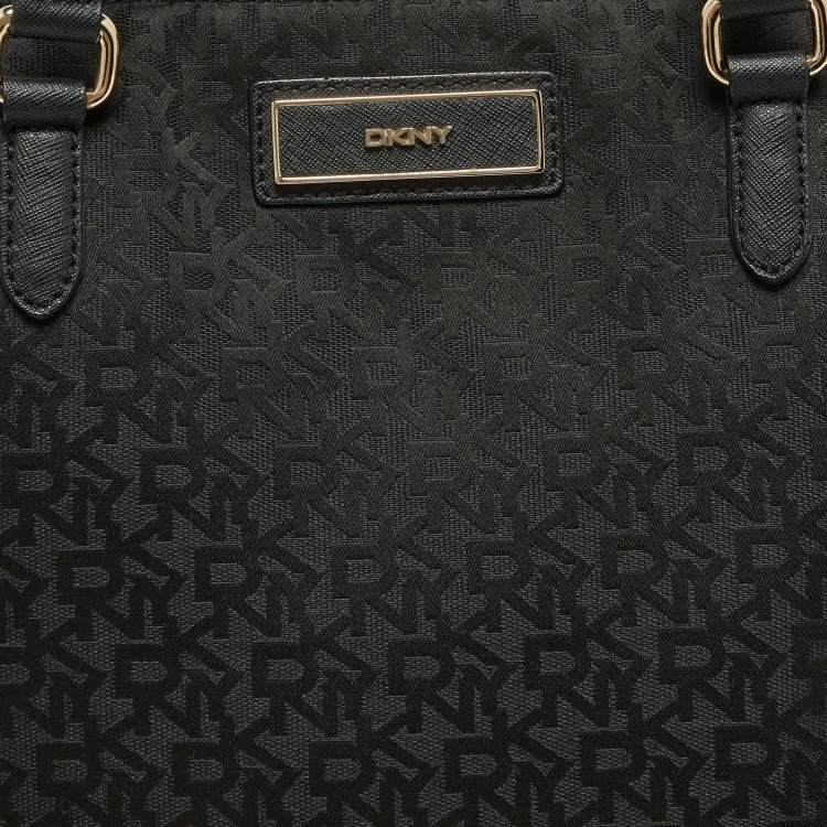 Pre Owned DKNY Black Signature Canvas and Leather Zip Side Shopper Tote