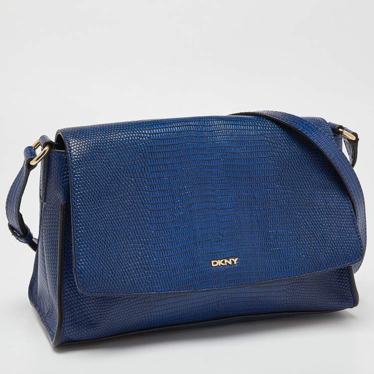 Pre Owned DKNY Blue Croc Embossed Leather Bryant Flap Crossbody Bag