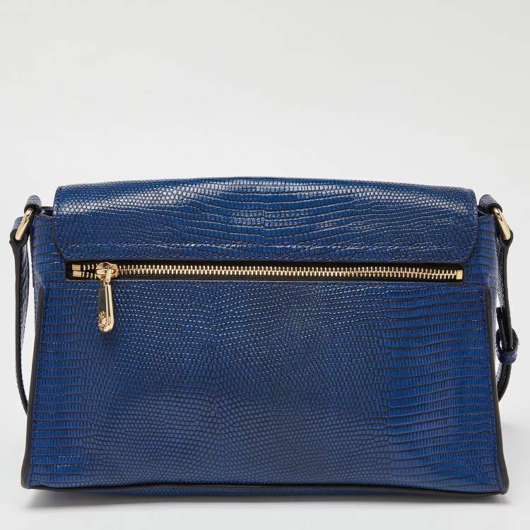 Pre Owned DKNY Blue Croc Embossed Leather Bryant Flap Crossbody Bag