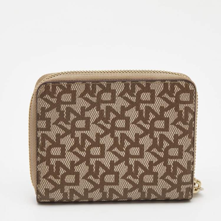 Pre Owned DKNY Beige/Brown Signature Coated Canvas Zip Around Continental Wallet