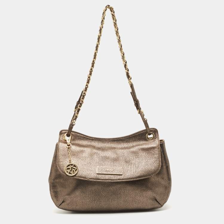 ETRO Authentic Gold Metallic Leather Quited Chain Shoulder Bag