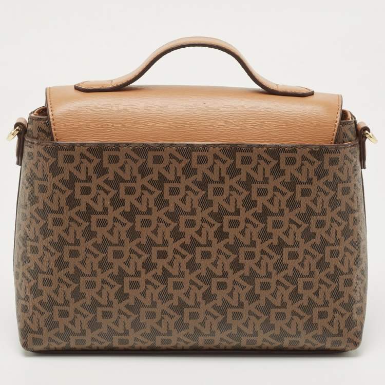 Pre Owned DKNY Tan/Brown Monogram Coated Canvas and Leather Sandra Top Handle Bag