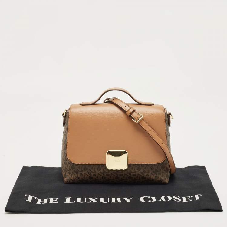 Pre Owned DKNY Tan/Brown Monogram Coated Canvas and Leather Sandra Top Handle Bag