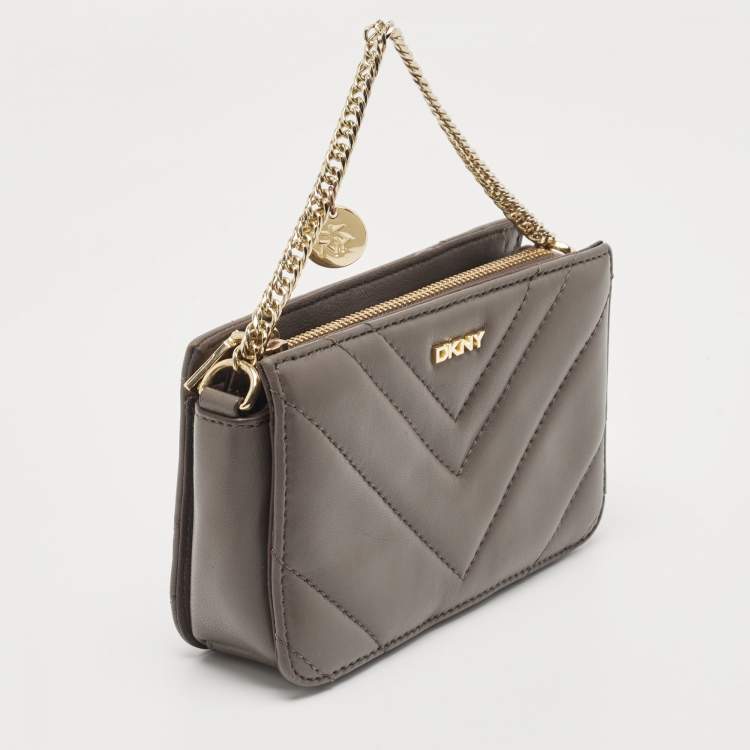 Pre Owned DKNY Grey Leather Chevron Chain Clutch