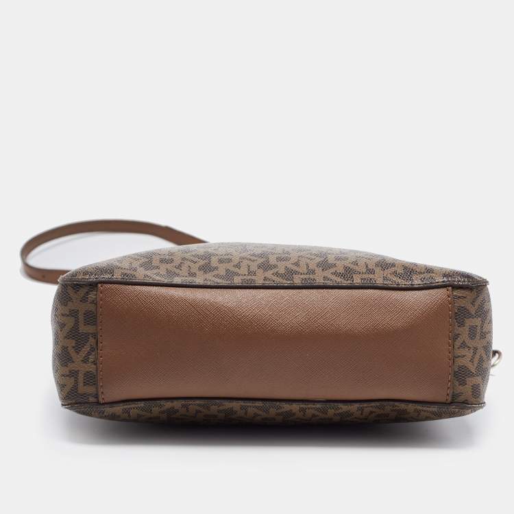 Pre Owned DKNY Brown Signature Coated Canvas and Leather Zip Messenger Bag