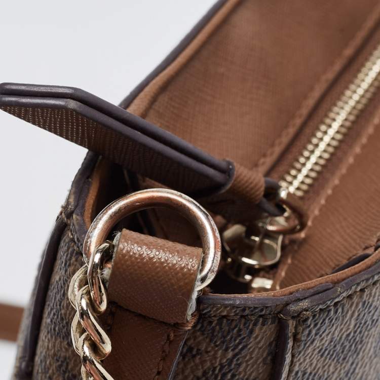 Pre Owned DKNY Brown Signature Coated Canvas and Leather Zip Messenger Bag