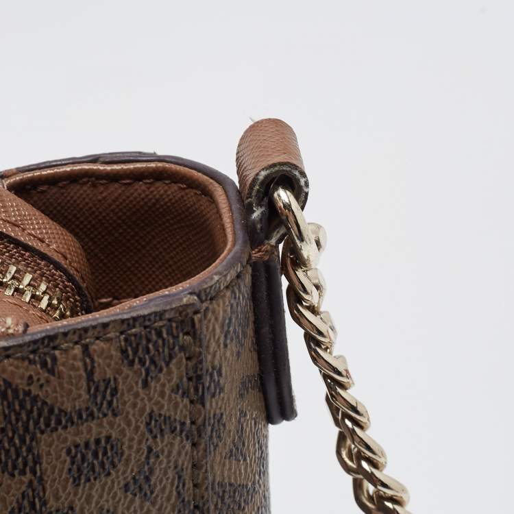 Pre Owned DKNY Brown Signature Coated Canvas and Leather Zip Messenger Bag