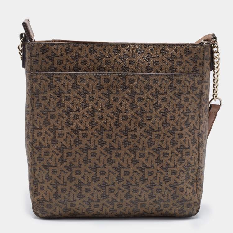 Pre Owned DKNY Brown Signature Coated Canvas and Leather Zip Messenger Bag