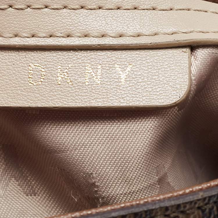 Pre Owned DKNY Brown Signature Coated Canvas and Leather Zip Messenger Bag