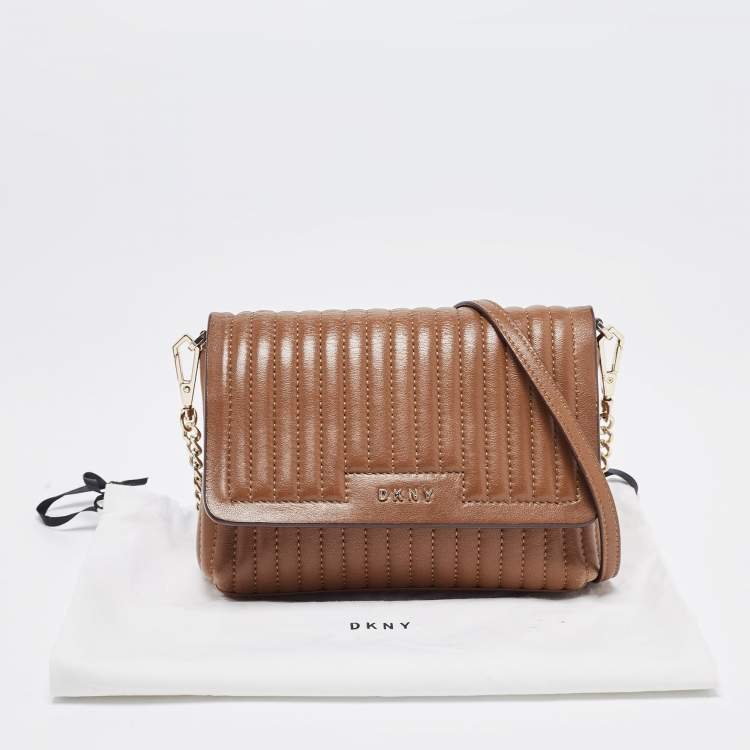 Pre Owned DKNY Brown Pinstripe Quilted Leather Gansevoort Flap Shoulder Bag
