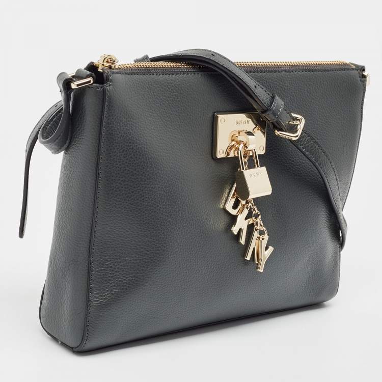 Pre Owned DKNY Dark Grey Leather Ellisa Messenger Bag