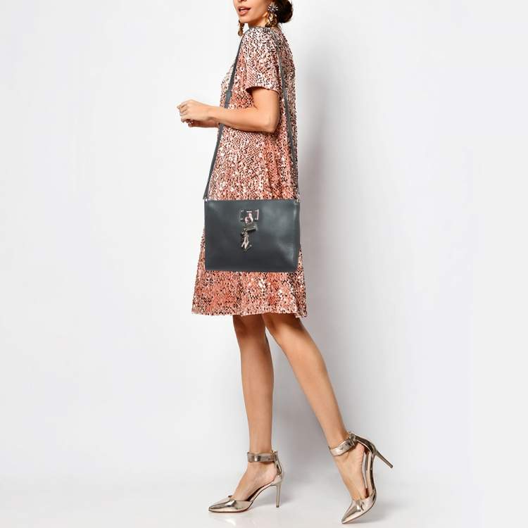 Pre Owned DKNY Dark Grey Leather Ellisa Messenger Bag