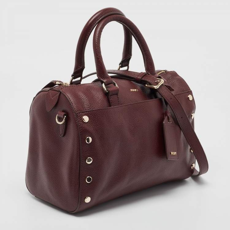Pre Owned DKNY Burgundy Leather Studded Boston Bag