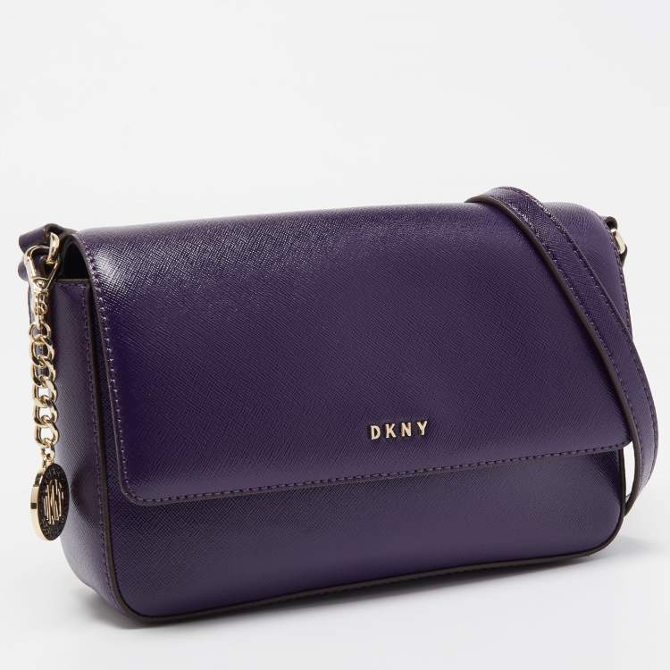 Pre Owned DKNY Purple Patent Leather Logo Flap Crossbody Bag