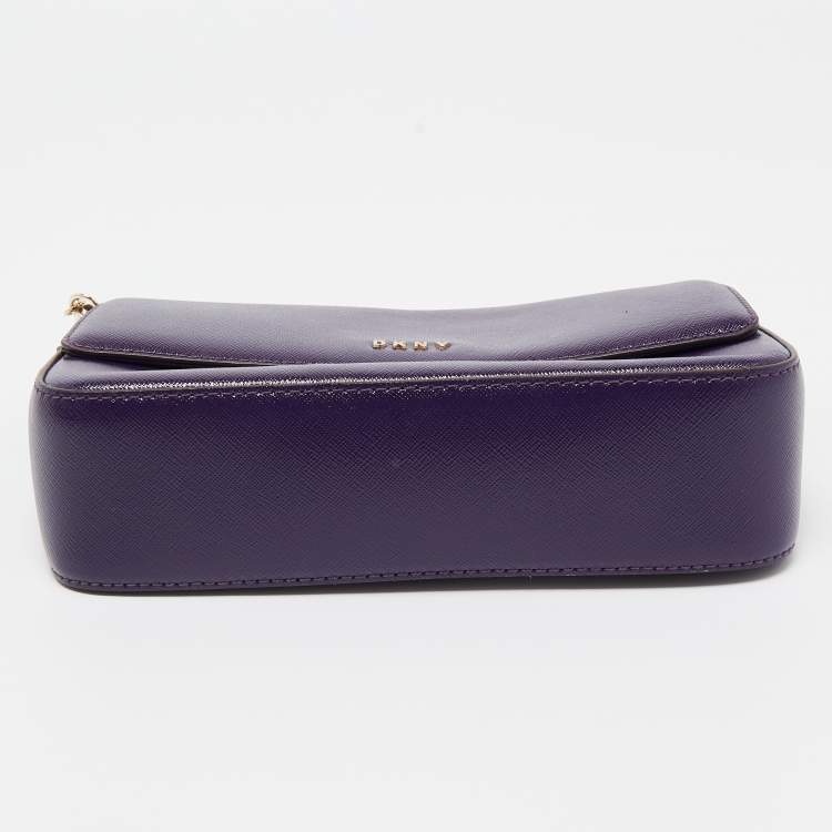 Pre Owned DKNY Purple Patent Leather Logo Flap Crossbody Bag