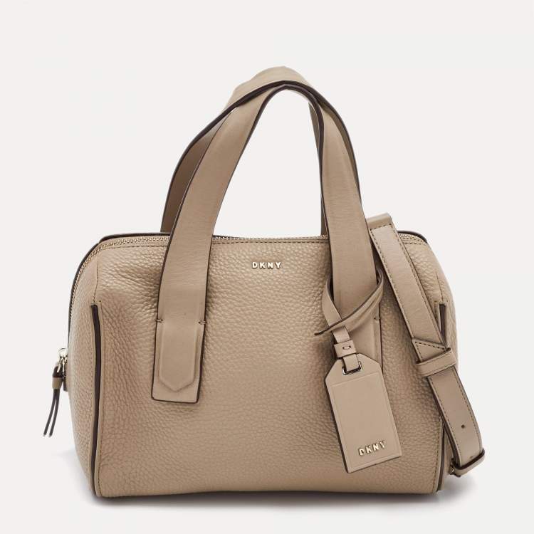 Pre Owned DKNY Beige Leather Zip Boston Bag