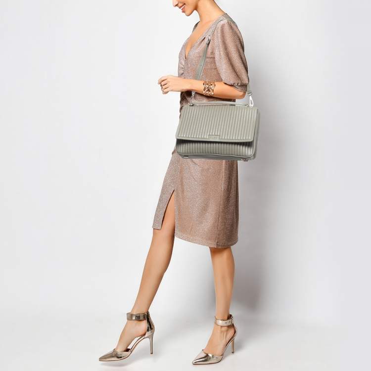 Pre Owned DKNY Olive Green Pinstripe Quilted Leather Gansevoort Top Handle Bag