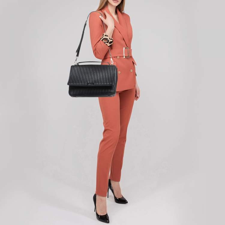 Pre Owned  DKNY Black Pinstripe Quilted Leather Gansevoort Flap Top Handle Bag