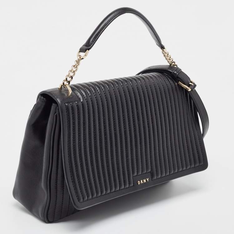 Pre Owned  DKNY Black Pinstripe Quilted Leather Gansevoort Flap Top Handle Bag