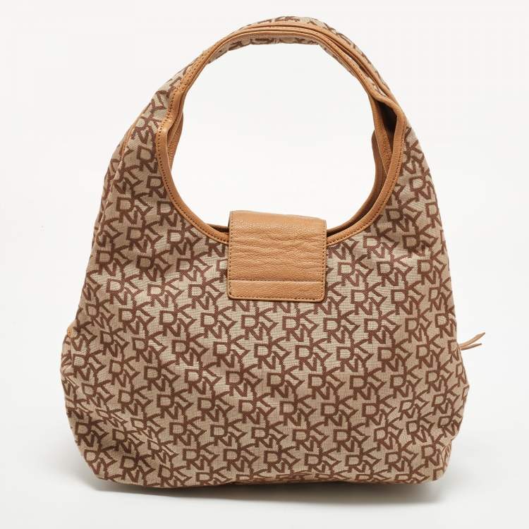 Pre Owned DKNY Beige Signature Fabric and Leather Town and Country Hobo