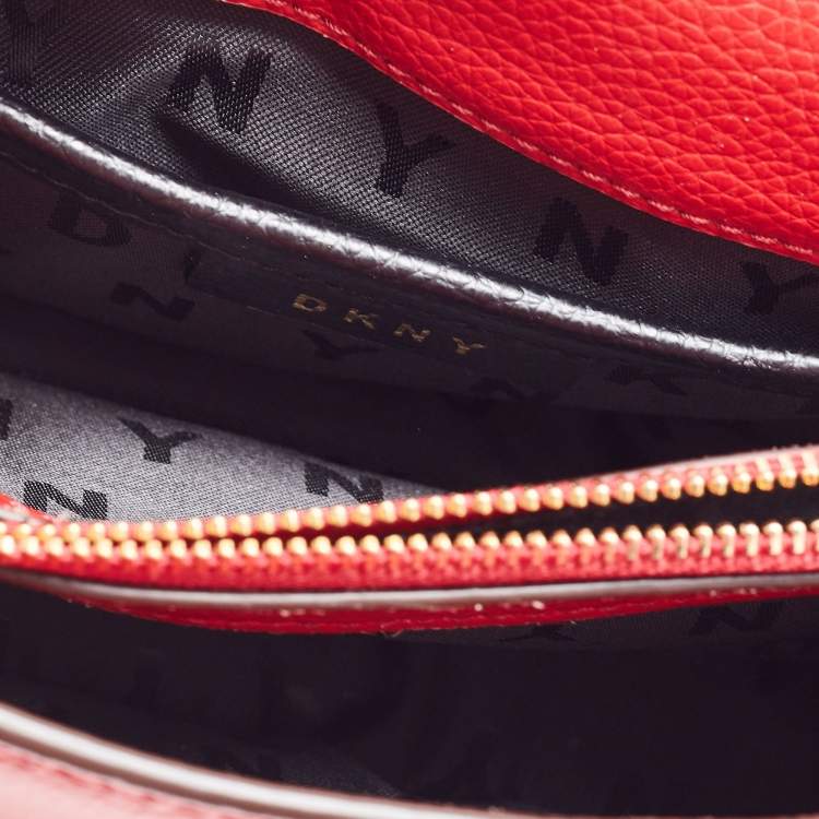 Pre Owned DKNY Red Leather Charm Flap Crossbody Bag