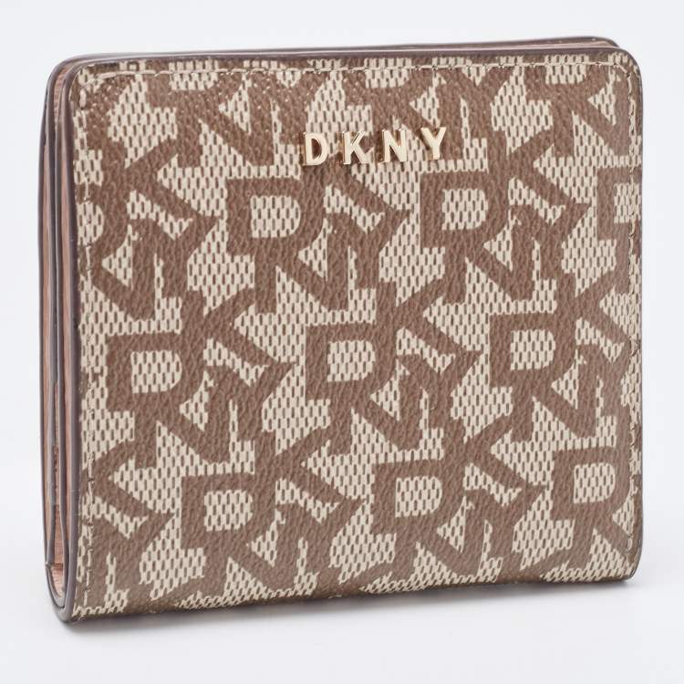 Pre Owned DKNY Beige Signature Coated Canvas Compact Wallet