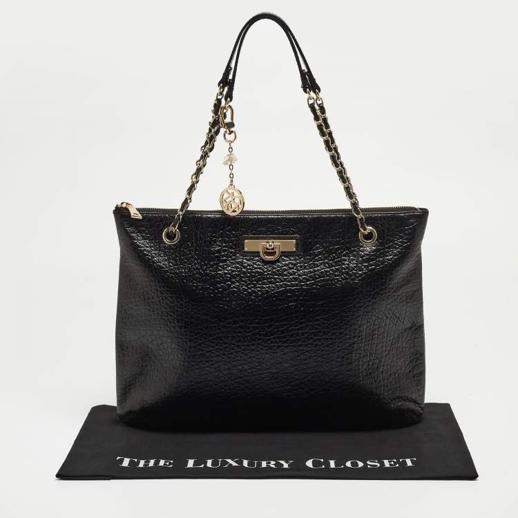 Pre Owned DKNY Black Leather Charm Chain Tote