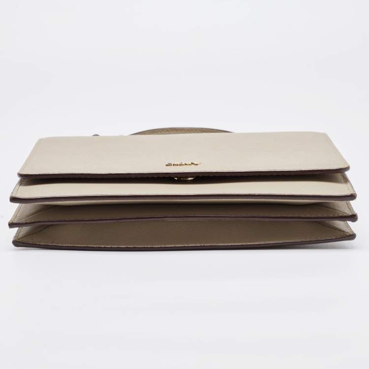 Pre Owned DKNY Beige Saffiano Leather Logo Flap Top Handle Bag