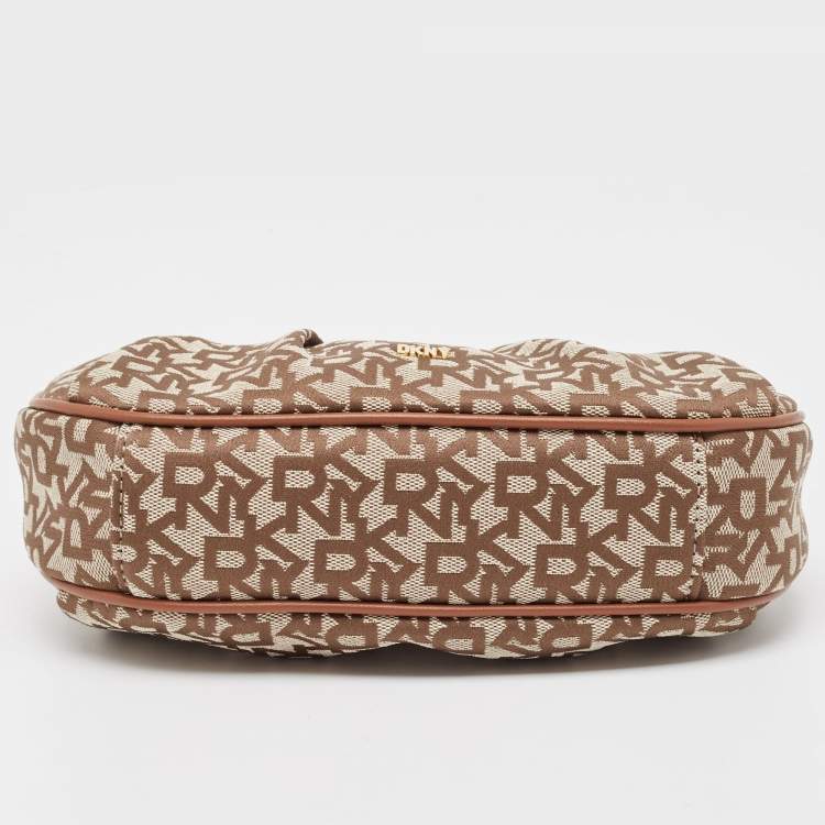 Pre Owned DKNY Brown/Beige Signature Canvas and Leather Reese Demi Crossbody Bag