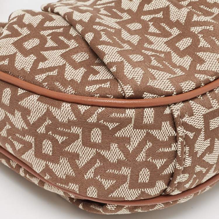 Pre Owned DKNY Brown/Beige Signature Canvas and Leather Reese Demi Crossbody Bag