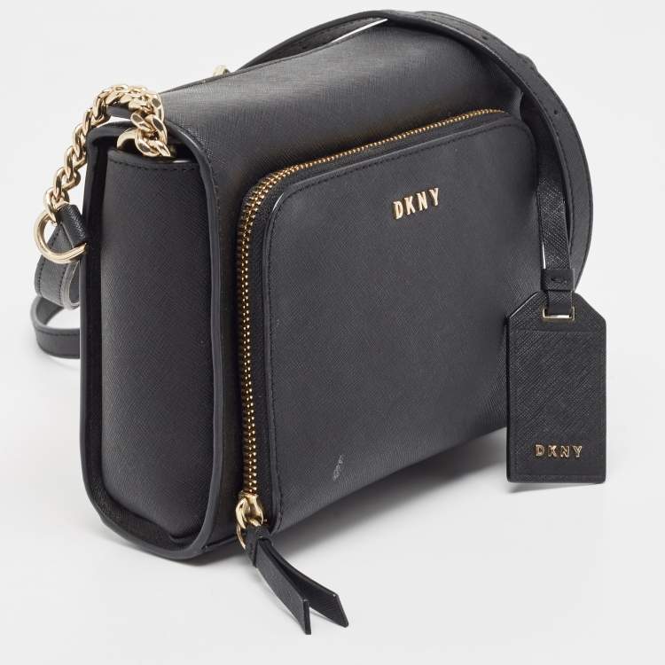 Pre Owned DKNY Black Leather Front Zip Crossbody Bag