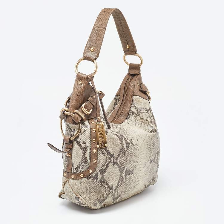 Pre Owned DKNY Beige/Grey Python Embossed Leather Studded Hobo