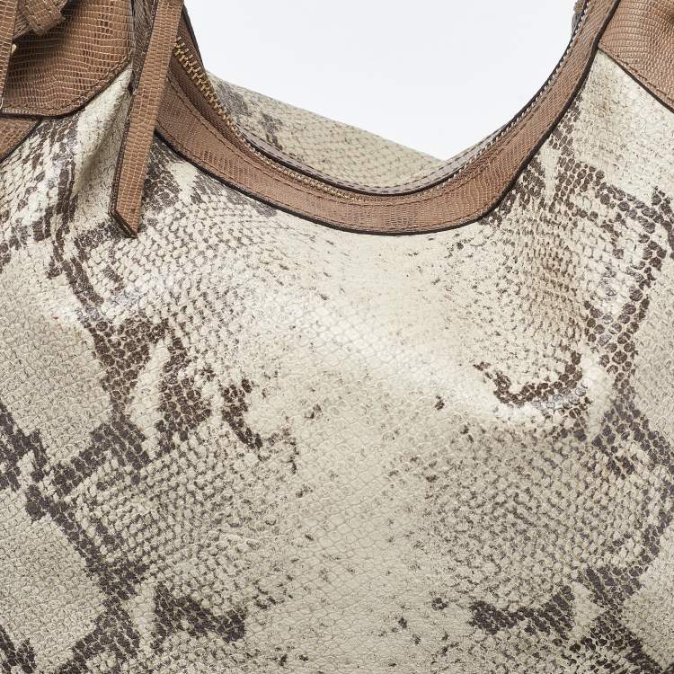 Pre Owned DKNY Beige/Grey Python Embossed Leather Studded Hobo