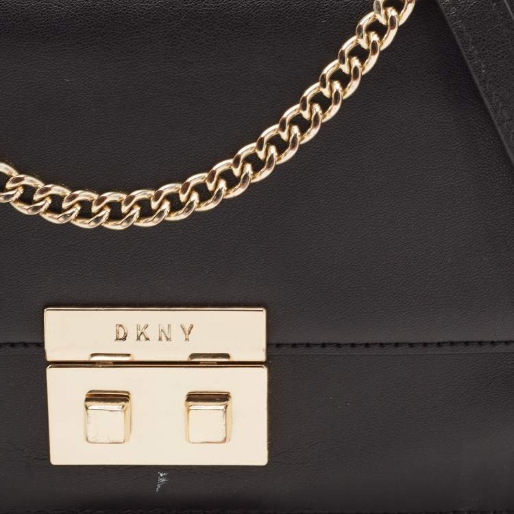 Pre Owned DKNY Black Leather Pushlock Flap Chain Crossbody Bag